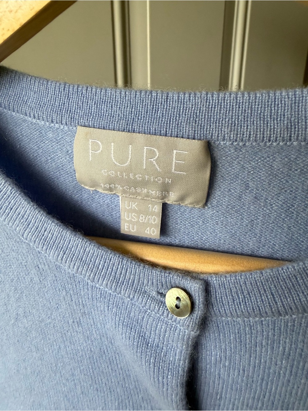 PURE Collection Cashmere Light Blue 3/4 Sleeve Crewneck Cardigan - Picture 3 of 7